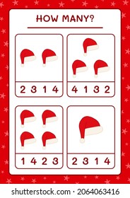 Wie viele Weihnachtsmütze, Spiel für Kinder. Vektorgrafik, druckbares Arbeitsblatt