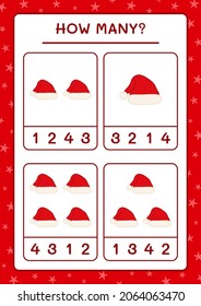 How many santa claus hat, game for children. Vector illustration, printable worksheet