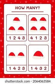 ¿Cuántos gorros santa claus, juegan para los niños? Ilustración del vector, hoja de cálculo imprimible