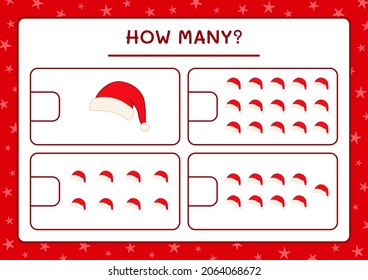 ¿Cuántos gorros santa claus, juegan para los niños? Ilustración del vector, hoja de cálculo imprimible