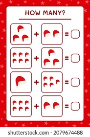 How many santa claus hat, game for children. Vector illustration, printable worksheet