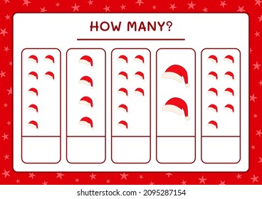 ¿Cuántos gorros santa claus, juegan para los niños? Ilustración del vector, hoja de cálculo imprimible