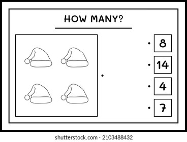How many santa claus hat, game for children. Vector illustration, printable worksheet