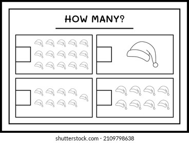 How many santa claus hat, game for children. Vector illustration, printable worksheet