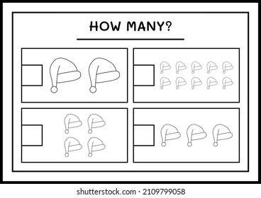 How many santa claus hat, game for children. Vector illustration, printable worksheet