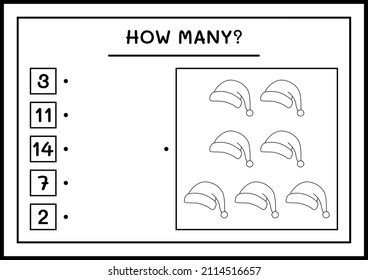 How many santa claus hat, game for children. Vector illustration, printable worksheet