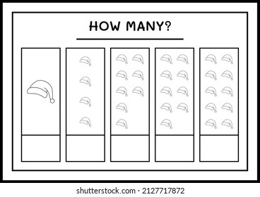How many santa claus hat, game for children. Vector illustration, printable worksheet