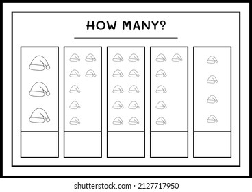 How many santa claus hat, game for children. Vector illustration, printable worksheet