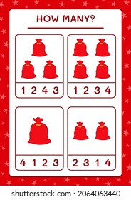 How many santa claus red bag, game for children. Vector illustration, printable worksheet