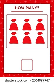 ¿Cuántas bolsas rojas de santa claus, juegan para los niños? Ilustración del vector, hoja de cálculo imprimible