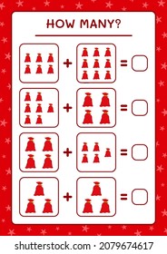 How many santa claus red bag, game for children. Vector illustration, printable worksheet