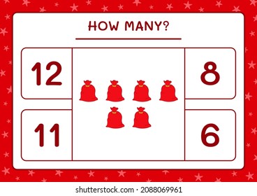 ¿Cuántas bolsas rojas de santa claus, juegan para los niños? Ilustración del vector, hoja de cálculo imprimible
