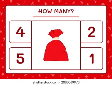 How many santa claus red bag, game for children. Vector illustration, printable worksheet