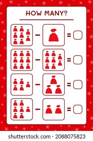 How many santa claus red bag, game for children. Vector illustration, printable worksheet