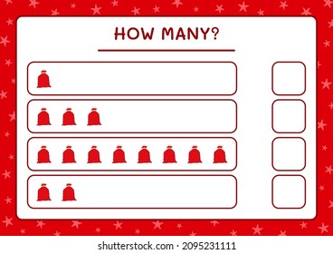 ¿Cuántas bolsas rojas de santa claus, juegan para los niños? Ilustración del vector, hoja de cálculo imprimible