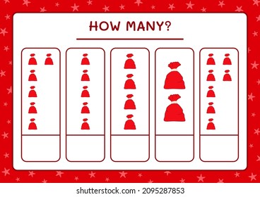 How many santa claus red bag, game for children. Vector illustration, printable worksheet