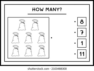 How many santa claus red bag, game for children. Vector illustration, printable worksheet
