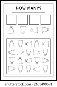 ¿Cuántas bolsas rojas de santa claus, juegan para los niños? Ilustración del vector, hoja de cálculo imprimible