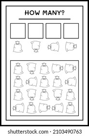 ¿Cuántas bolsas rojas de santa claus, juegan para los niños? Ilustración del vector, hoja de cálculo imprimible