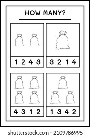 How many santa claus red bag, game for children. Vector illustration, printable worksheet