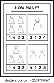 How many santa claus red bag, game for children. Vector illustration, printable worksheet