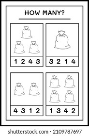 How many santa claus red bag, game for children. Vector illustration, printable worksheet
