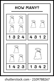 ¿Cuántas bolsas rojas de santa claus, juegan para los niños? Ilustración del vector, hoja de cálculo imprimible
