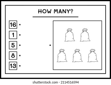 How many santa claus red bag, game for children. Vector illustration, printable worksheet