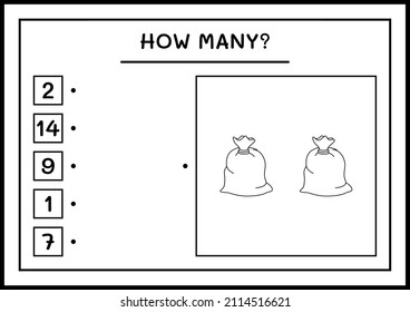 How many santa claus red bag, game for children. Vector illustration, printable worksheet