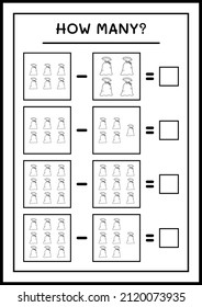 How many santa claus red bag, game for children. Vector illustration, printable worksheet