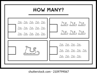 How many santa claus sleigh, game for children. Vector illustration, printable worksheet