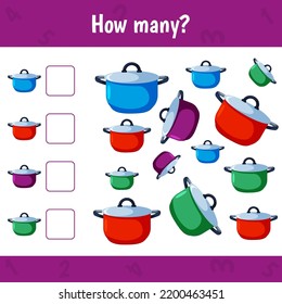 How many saucepans are there. Count the number of kitchen utensil and write. Math worksheet for kids.