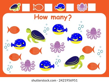 How many sea animals are there? Counting game for children. Math assignment for preschoolers.
