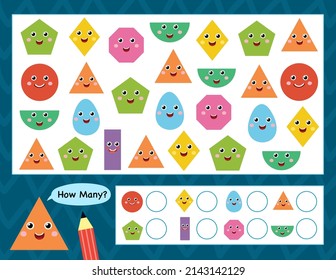 How many shapes activity page for kids. Count the shapes and write. I Spy game template for children. Vector illustration