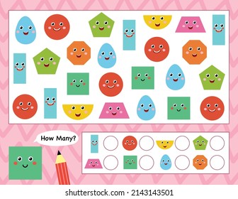 How many shapes activity page for kids. Count the shapes and write. I Spy game template for children. Vector illustration