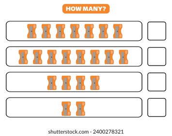 How many sharpener are there? Educational worksheet design for children. Counting game for kids.