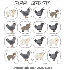 How many sheeps, cows, chickens, ducks? Math kids activity sheet. Counting educational children game