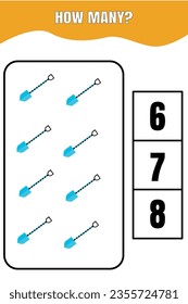 How many shovel are there? Educational math game for kids. Printable worksheet design for preschool or elementary kids.