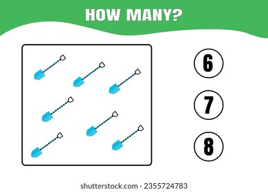¿Cuántas palas hay? Juego educativo de matemáticas para niños. Diseño de hoja de cálculo imprimible para niños de preescolar o elemental.