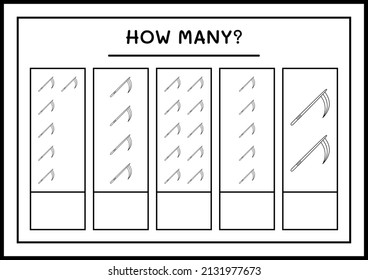 How many Sickle, game for children. Vector illustration, printable worksheet