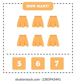 How many skirt are there? Educational worksheet design for children. Counting game for kids.