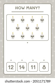 How many Skull with Candle, game for children. Vector illustration, printable worksheet