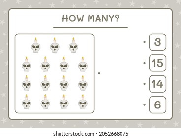 How many Skull with Candle, game for children. Vector illustration, printable worksheet
