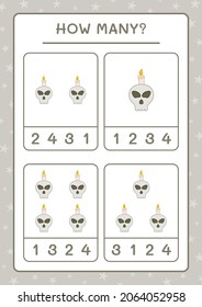 Cuántos cráneos con velas, juegos para niños. Ilustración del vector, hoja de cálculo imprimible