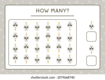 How many Skull with Candle, game for children. Vector illustration, printable worksheet