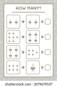 How many Skull with Candle, game for children. Vector illustration, printable worksheet