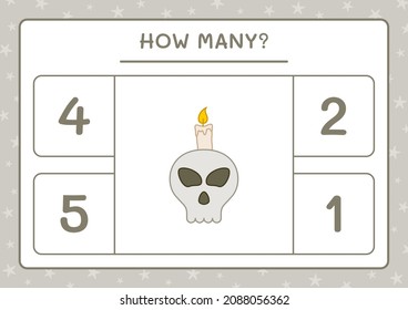 How many Skull with Candle, game for children. Vector illustration, printable worksheet
