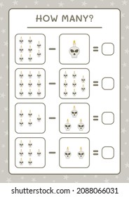 How many Skull with Candle, game for children. Vector illustration, printable worksheet