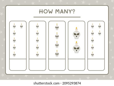 How many Skull with Candle, game for children. Vector illustration, printable worksheet