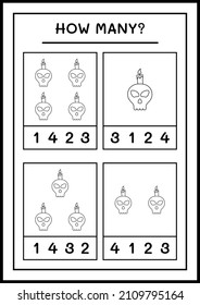 How many Skull with Candle, game for children. Vector illustration, printable worksheet